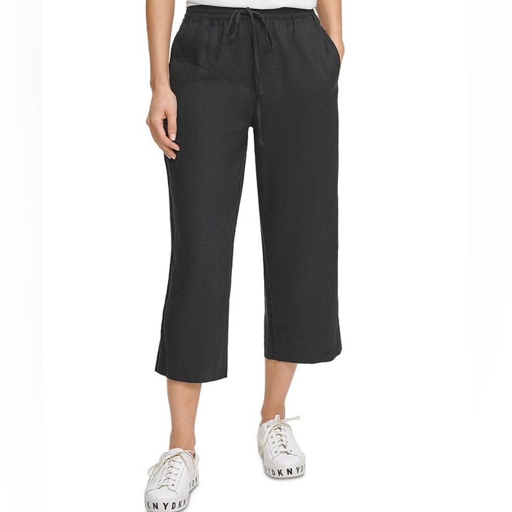 DKNY Cropped Drawstring Linen Pants (1-Black 1-White)
